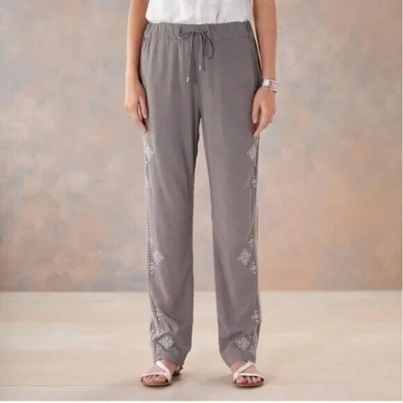 Sundance Tone It Up Gray Embroidered Pull-On Pants, Size M - Picture 1 of 7